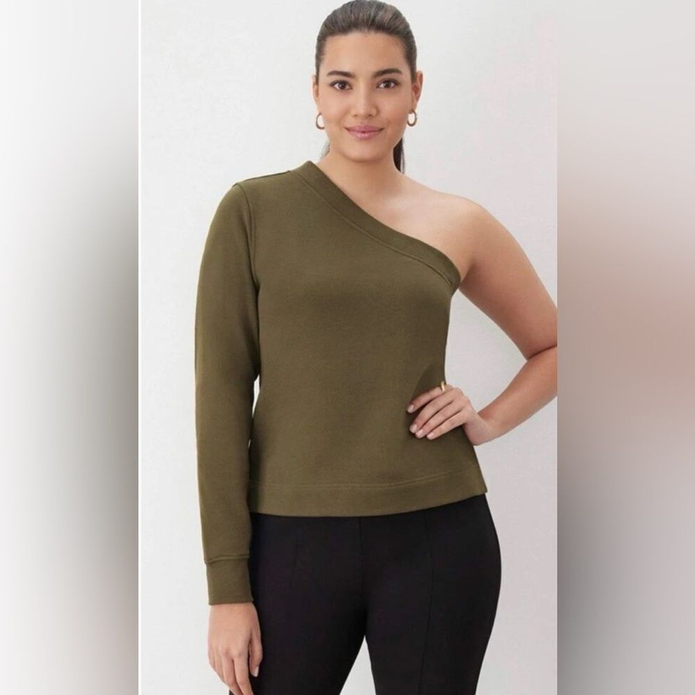 NWT GSTQ Women’s Olive Green Off One Shoulder Long Sleeve Terry Top Blouse - L